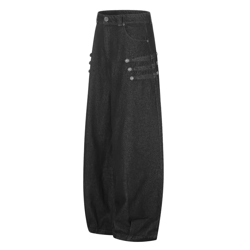 Damen High‑Waist Culotte-Jeans mit Zierknöpfen und elastischen Bündchen Nord Taschen