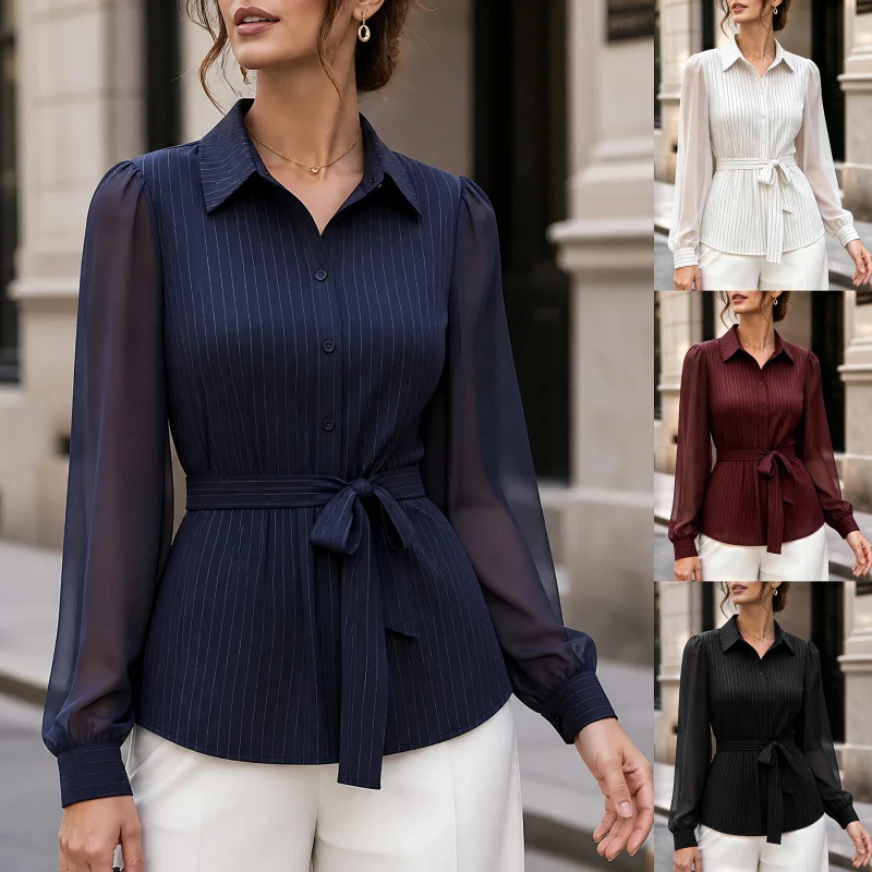 Damen Tailliertes Hemdblusen-Top mit Bundgürtel und Chiffon-Ärmeln Nord Taschen