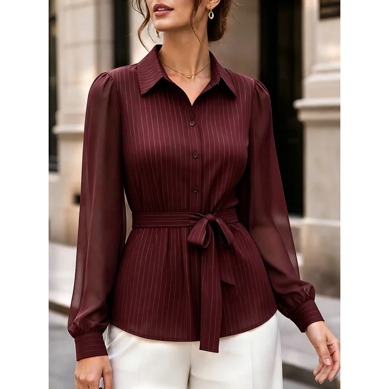 Damen Tailliertes Hemdblusen-Top mit Bundgürtel und Chiffon-Ärmeln Nord Taschen