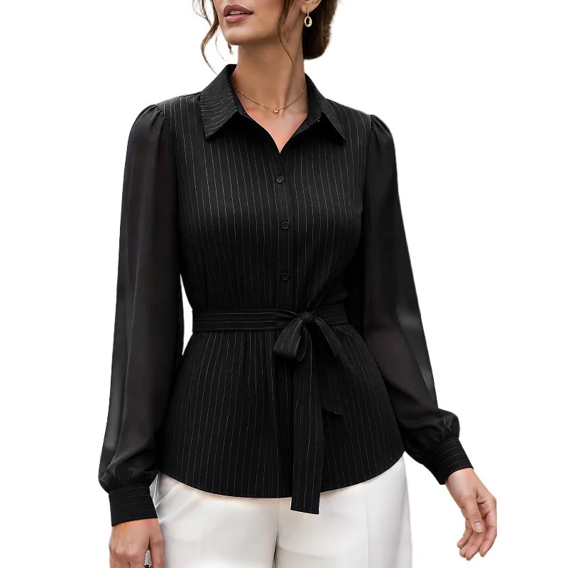 Damen Tailliertes Hemdblusen-Top mit Bundgürtel und Chiffon-Ärmeln Nord Taschen
