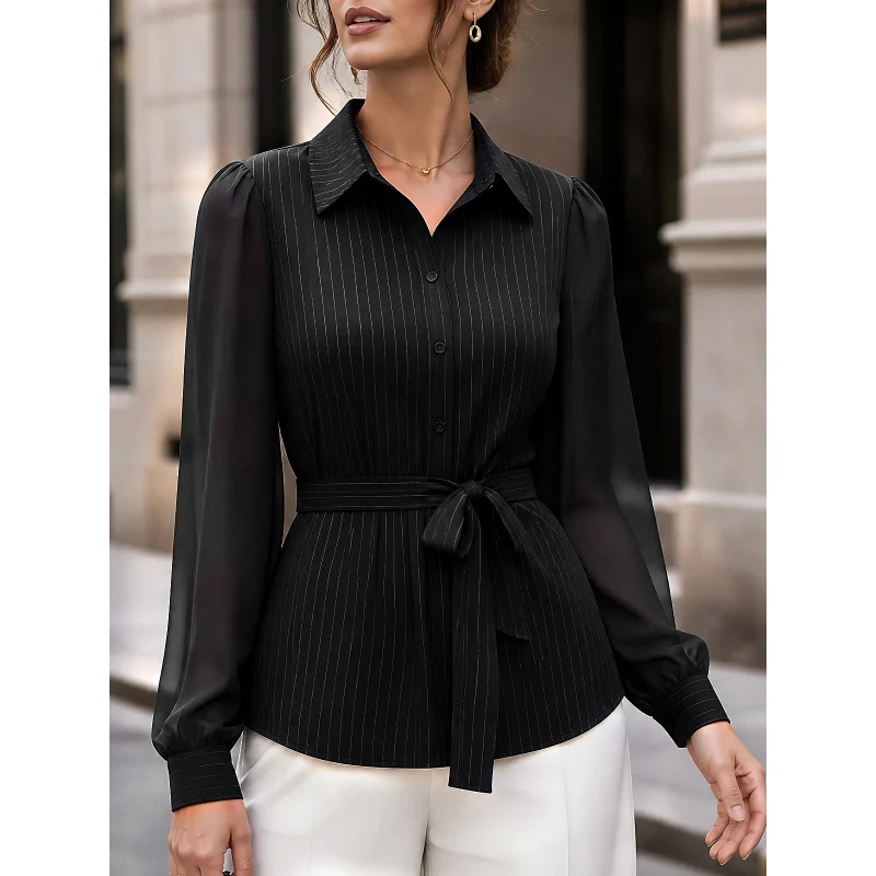 Damen Tailliertes Hemdblusen-Top mit Bundgürtel und Chiffon-Ärmeln Nord Taschen