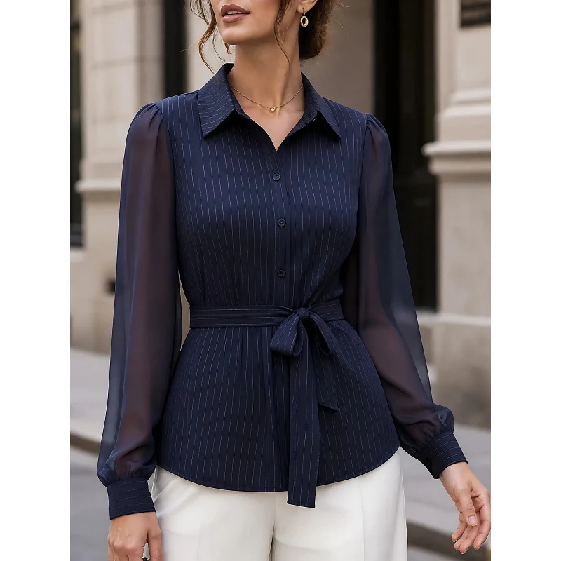 Damen Tailliertes Hemdblusen-Top mit Bundgürtel und Chiffon-Ärmeln Nord Taschen