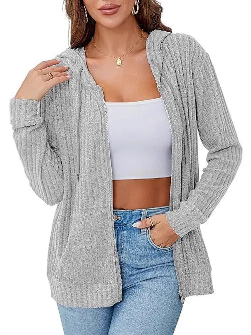 Damen Strick-Kapuzenjacke mit Reißverschluss, Strukturstrick und Kängurutaschen Nord Taschen