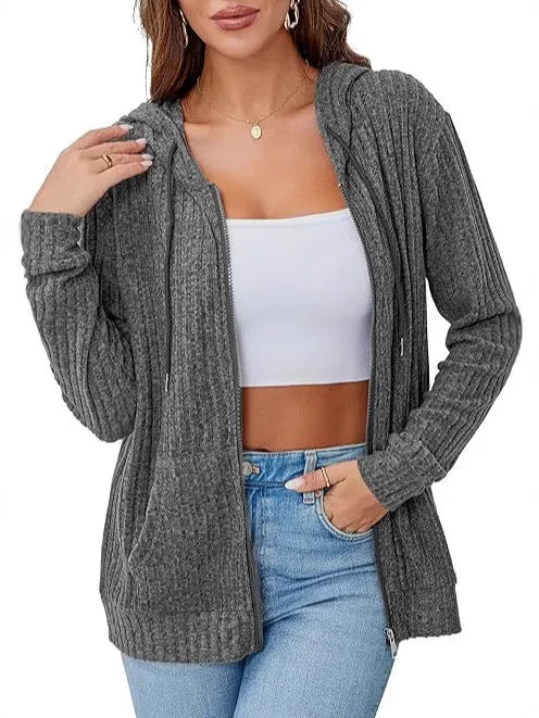 Damen Strick-Kapuzenjacke mit Reißverschluss, Strukturstrick und Kängurutaschen Nord Taschen
