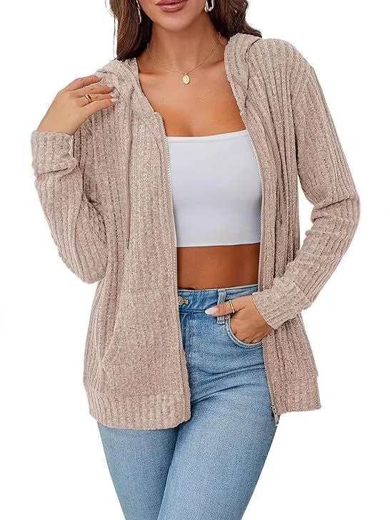 Damen Strick-Kapuzenjacke mit Reißverschluss, Strukturstrick und Kängurutaschen Nord Taschen