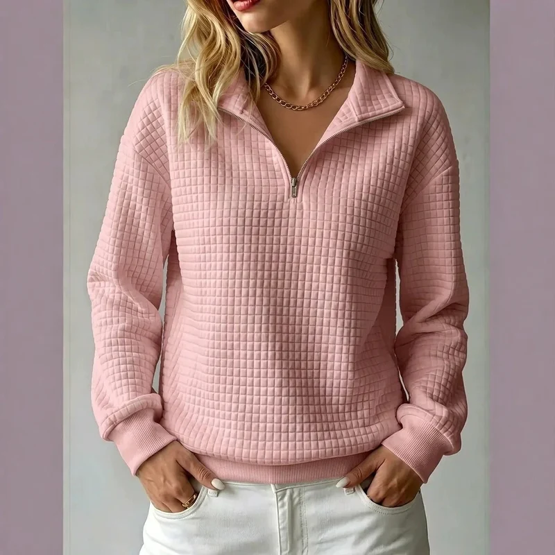 Damen Steppstruktur-Halbzip-Sweatshirt mit Karomuster und Stehkragen Nord Taschen