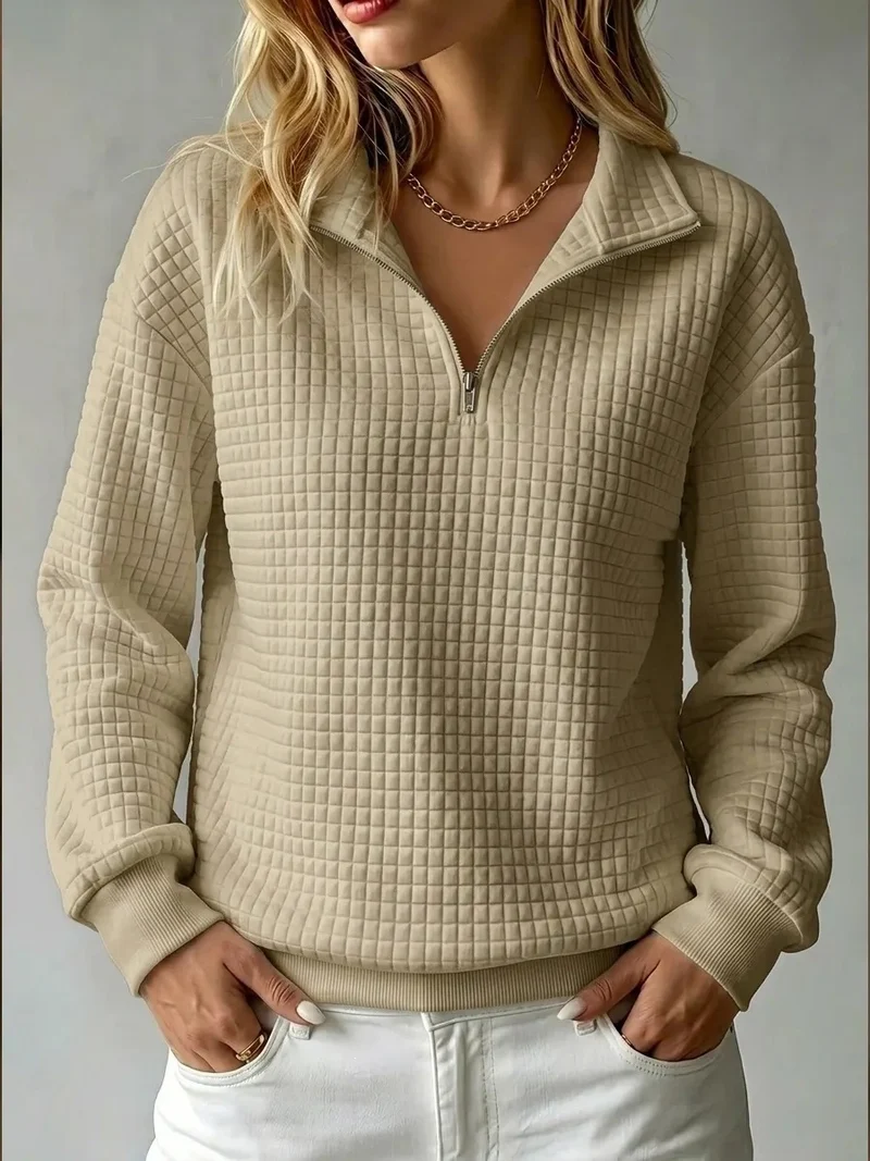 Damen Steppstruktur-Halbzip-Sweatshirt mit Karomuster und Stehkragen Nord Taschen