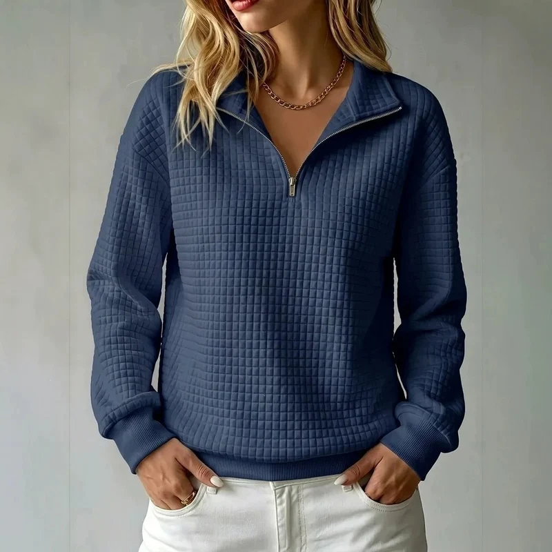 Damen Steppstruktur-Halbzip-Sweatshirt mit Karomuster und Stehkragen Nord Taschen