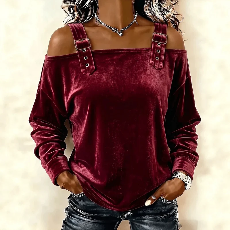 Damen Schulterfreies Samtshirt mit verstellbaren Gurt‑Trägern und lässiger Oversize‑Passform Nord Taschen