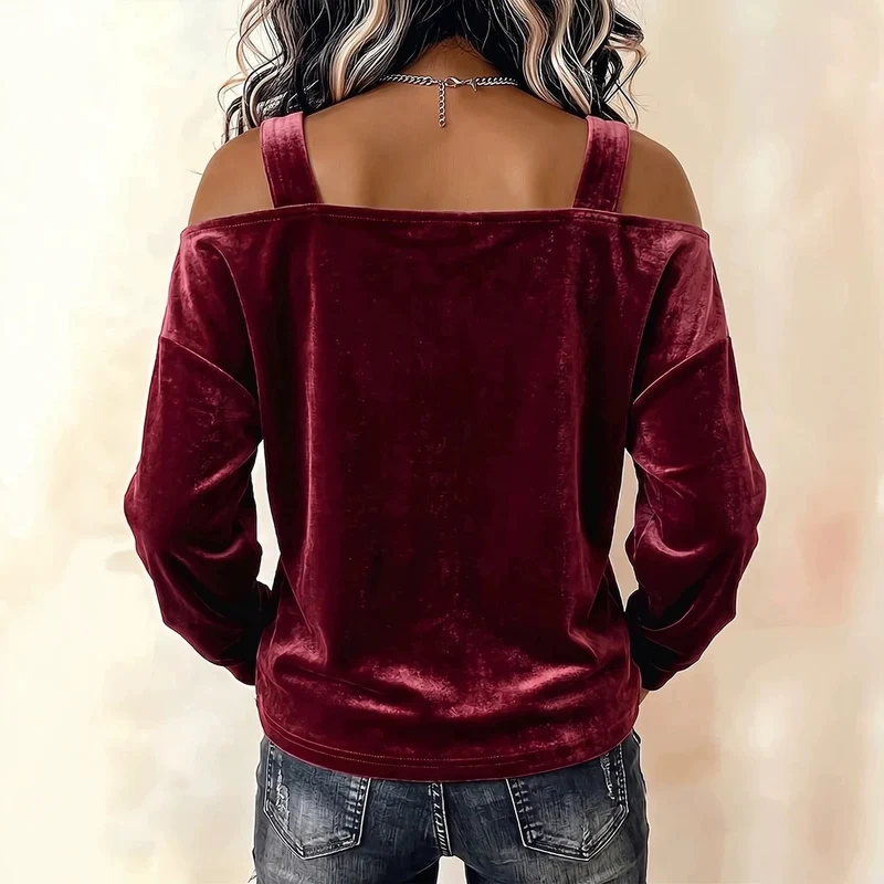 Damen Schulterfreies Samtshirt mit verstellbaren Gurt‑Trägern und lässiger Oversize‑Passform Nord Taschen