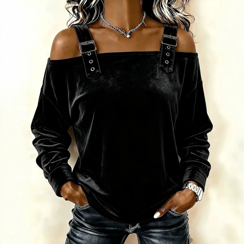 Damen Schulterfreies Samtshirt mit verstellbaren Gurt‑Trägern und lässiger Oversize‑Passform Nord Taschen