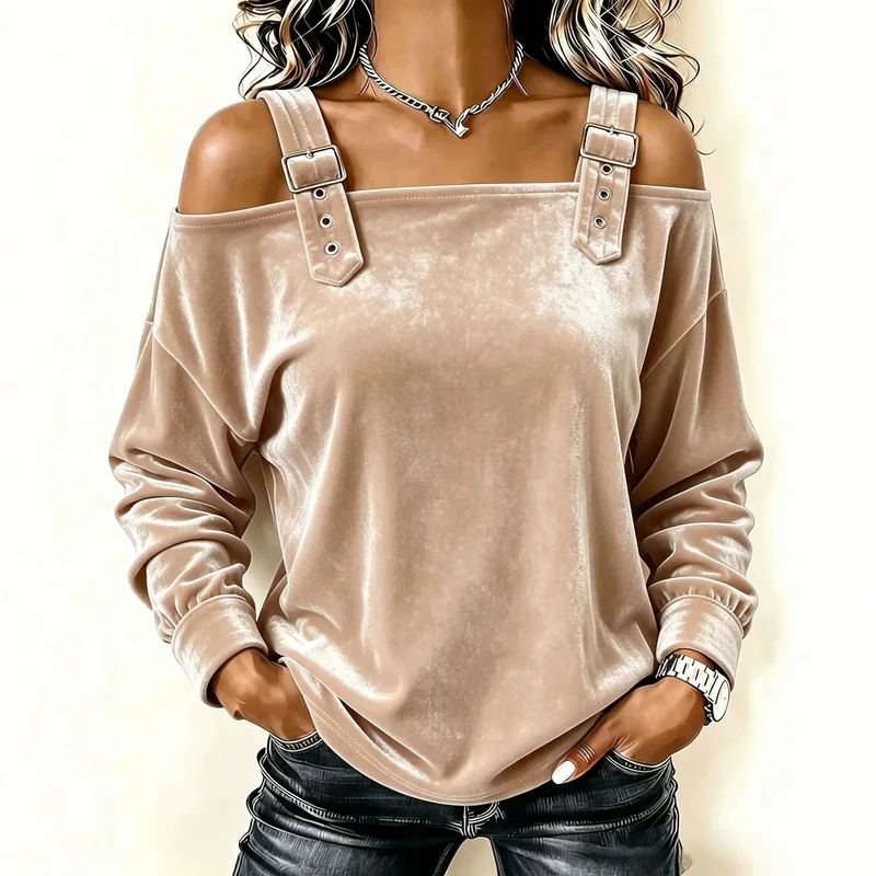 Damen Schulterfreies Samtshirt mit verstellbaren Gurt‑Trägern und lässiger Oversize‑Passform Nord Taschen