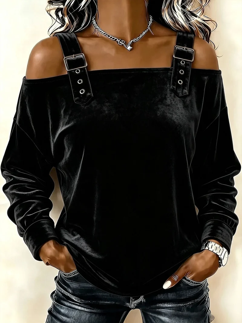Damen Schulterfreies Samtshirt mit verstellbaren Gurt‑Trägern und lässiger Oversize‑Passform Nord Taschen