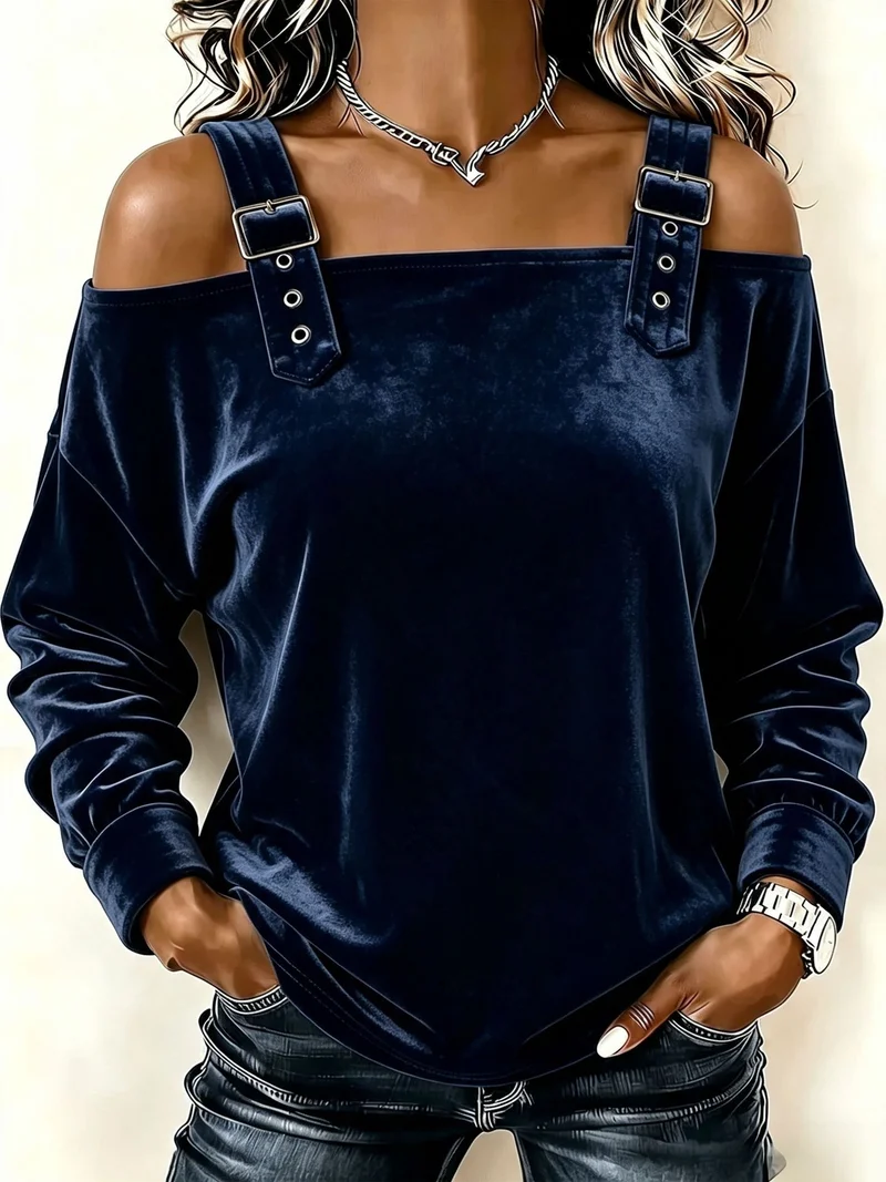 Damen Schulterfreies Samtshirt mit verstellbaren Gurt‑Trägern und lässiger Oversize‑Passform Nord Taschen