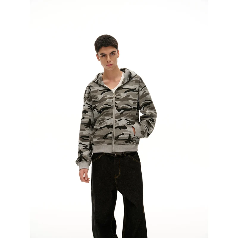 Unisex Oversize-Kapuzenjacke mit durchgehendem Reißverschluss und Camouflage-Print Nord Taschen