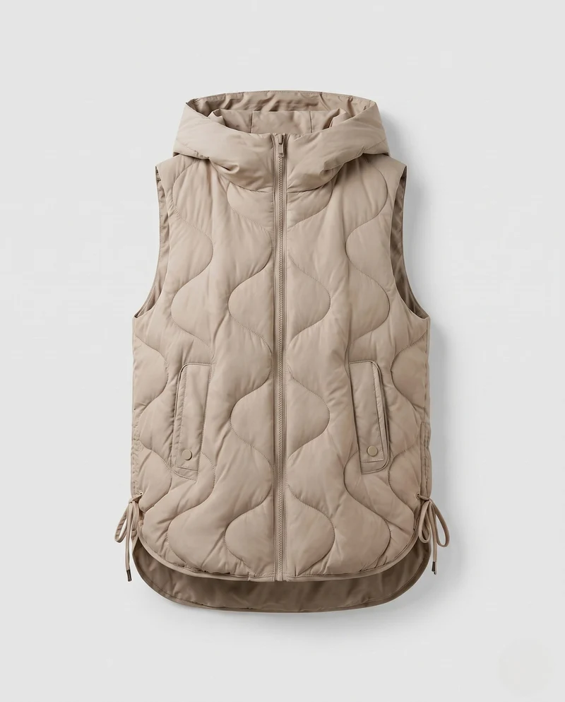 Damen ärmellose gesteppte Weste mit Kapuzenbesatz, Wellensteppung und verstellbarem Kordelzug