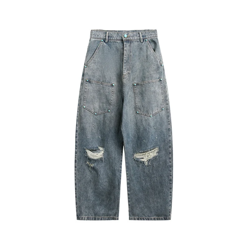 Damen High‑Waist Baggy-Jeans mit aufgesetzten Fronttaschen und Destroy-Details Nord Taschen