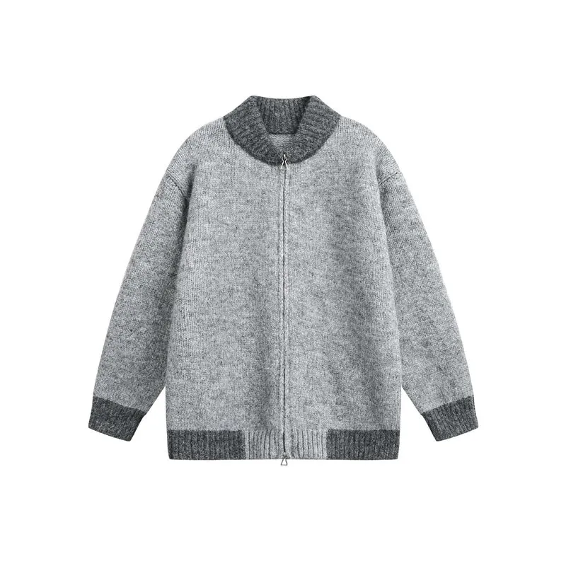 Damen Grobstrick-Zipjacke mit hohem Rippkragen und zweifarbigen Bündchen Nord Taschen