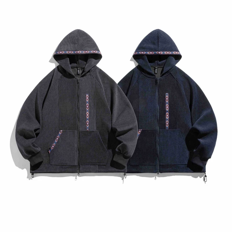 Unisex Oversize Kapuzen-Zipjacke aus geripptem French‑Terry mit Zierband Nord Taschen