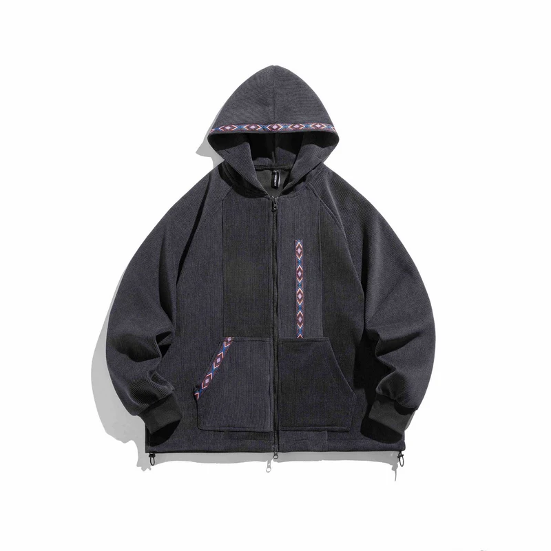 Unisex Oversize Kapuzen-Zipjacke aus geripptem French‑Terry mit Zierband Nord Taschen