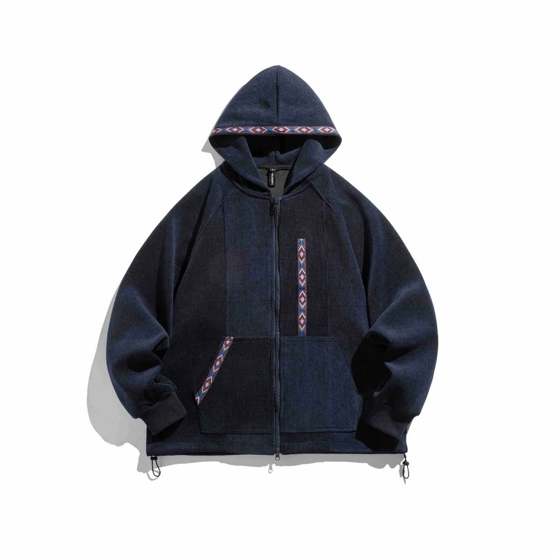 Unisex Oversize Kapuzen-Zipjacke aus geripptem French‑Terry mit Zierband Nord Taschen