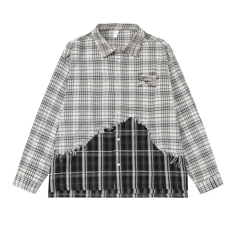 Unisex Oversize-Hemdjacke mit Lagenlook, ausgefranstem Saum und Karomix Nord Taschen