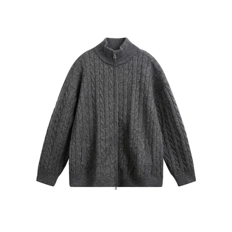 Unisex Grobstrick-Pullover mit Zopfmuster, hohem Stehkragen und Zwei-Wege-Reißverschluss Nord Taschen