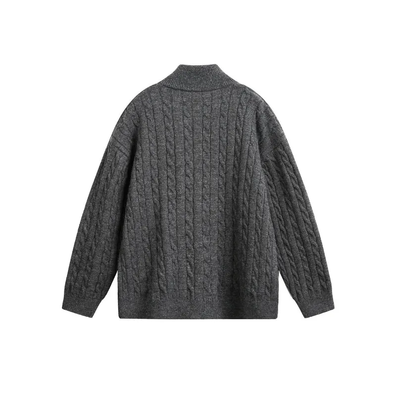 Unisex Grobstrick-Pullover mit Zopfmuster, hohem Stehkragen und Zwei-Wege-Reißverschluss Nord Taschen