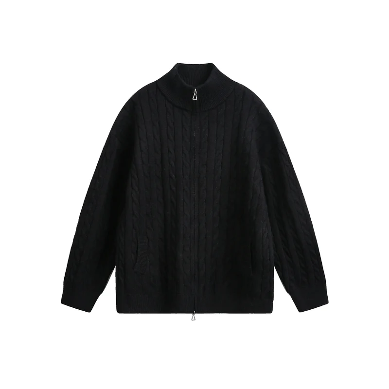 Unisex Grobstrick-Pullover mit Zopfmuster, hohem Stehkragen und Zwei-Wege-Reißverschluss Nord Taschen