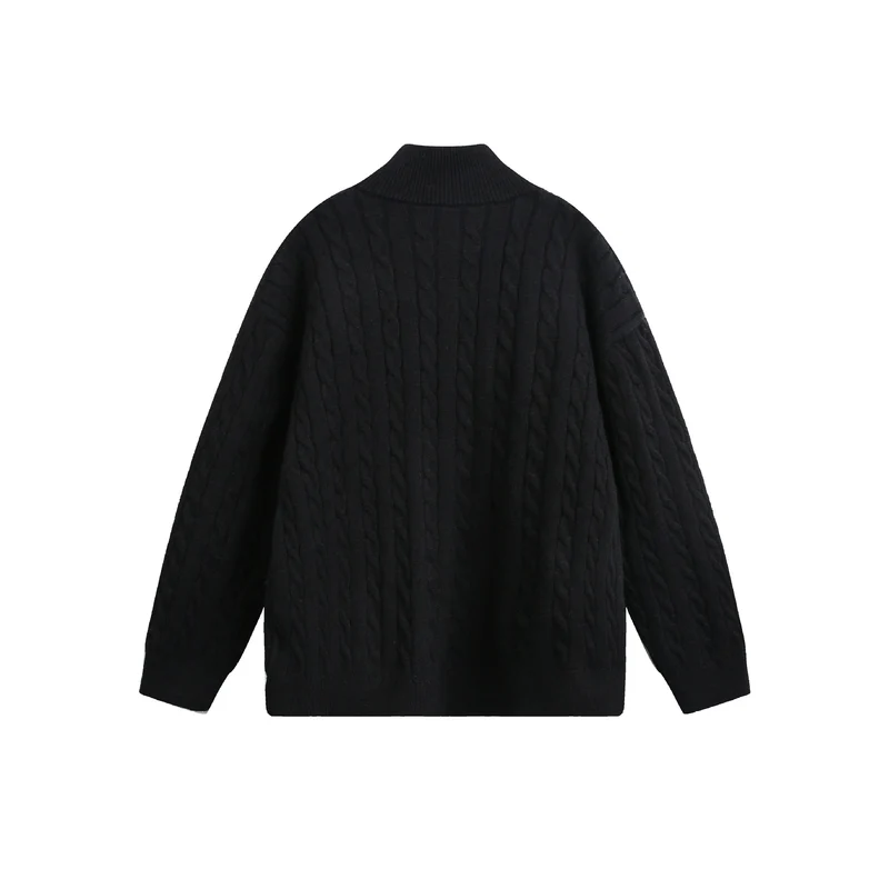 Unisex Grobstrick-Pullover mit Zopfmuster, hohem Stehkragen und Zwei-Wege-Reißverschluss Nord Taschen