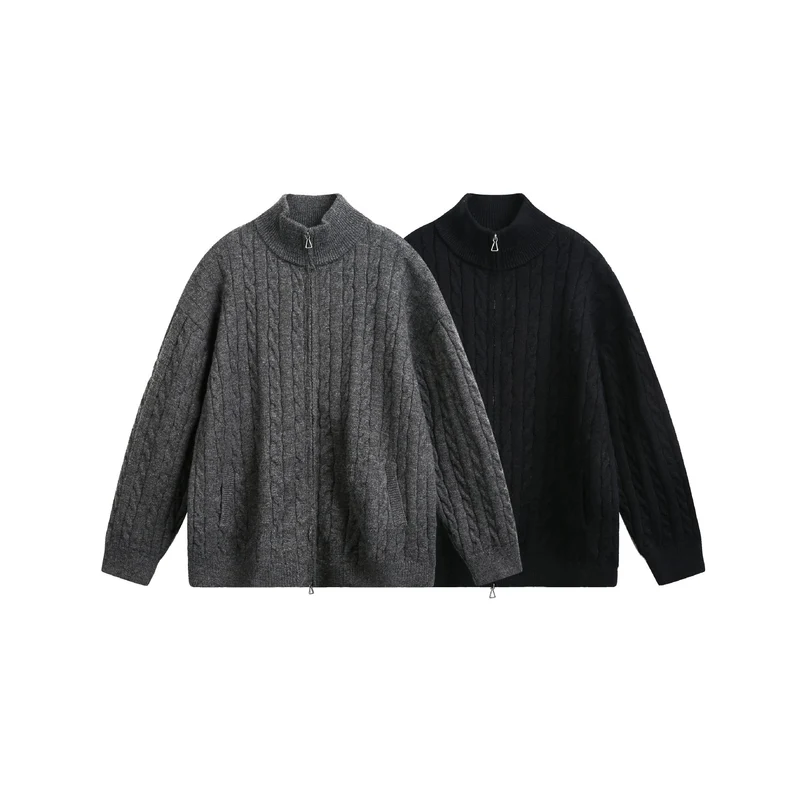 Unisex Grobstrick-Pullover mit Zopfmuster, hohem Stehkragen und Zwei-Wege-Reißverschluss Nord Taschen