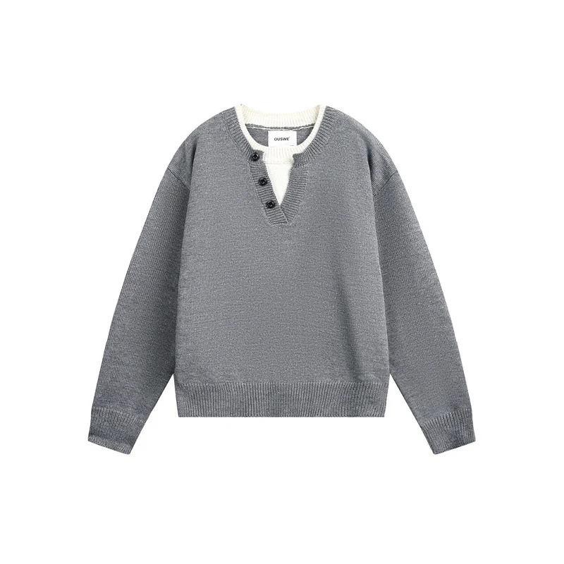 Unisex Grobgestrickter Pullover mit V‑Knopfleiste und Lagenkragen Nord Taschen