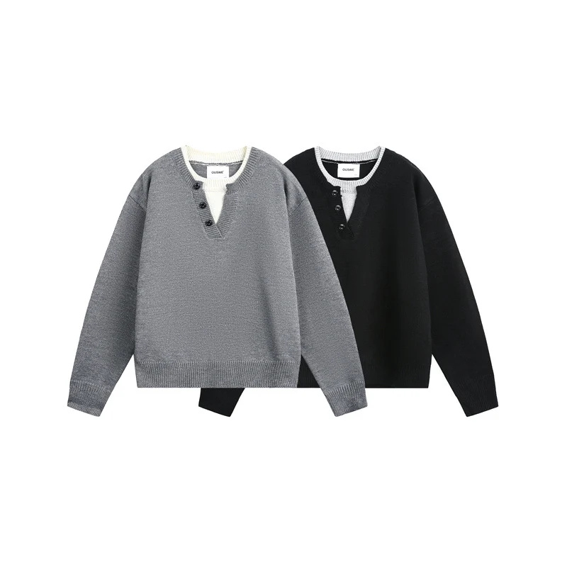 Unisex Grobgestrickter Pullover mit V‑Knopfleiste und Lagenkragen Nord Taschen