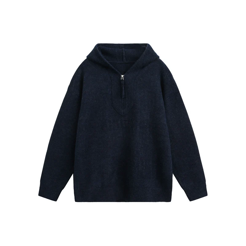 Unisex Grobgestrickter Kapuzenpullover mit halbem Reißverschluss und Boxy‑Schnitt Nord Taschen