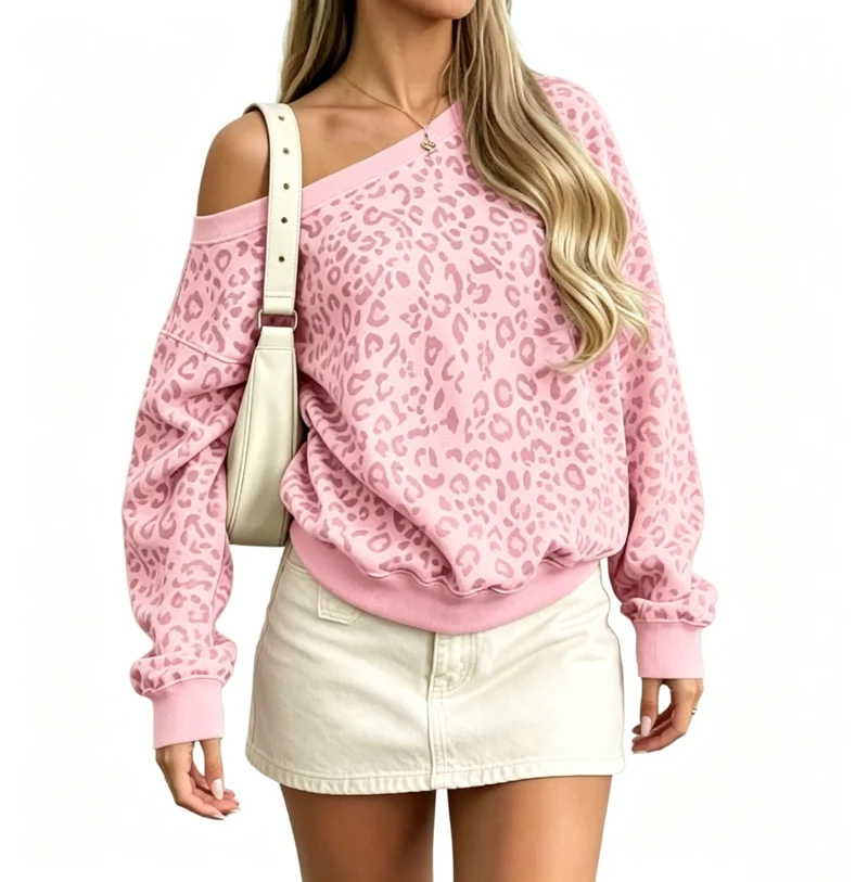 Damen Schulterfreier Leoparden-Print Sweatpullover mit Oversize-Schnitt Nord Taschen
