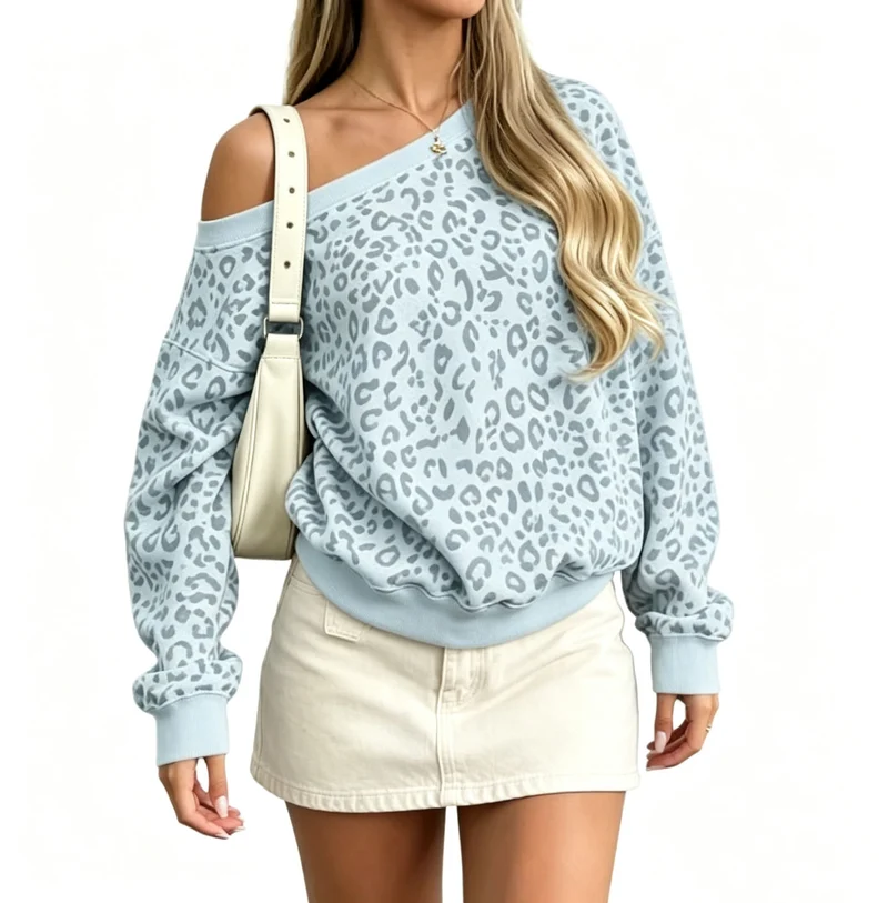 Damen Schulterfreier Leoparden-Print Sweatpullover mit Oversize-Schnitt Nord Taschen