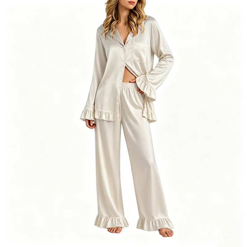 Damen Satin-Pyjama-Set mit Knopfhemd, weiten Palazzo-Hosen und Rüschensaum Nord Taschen