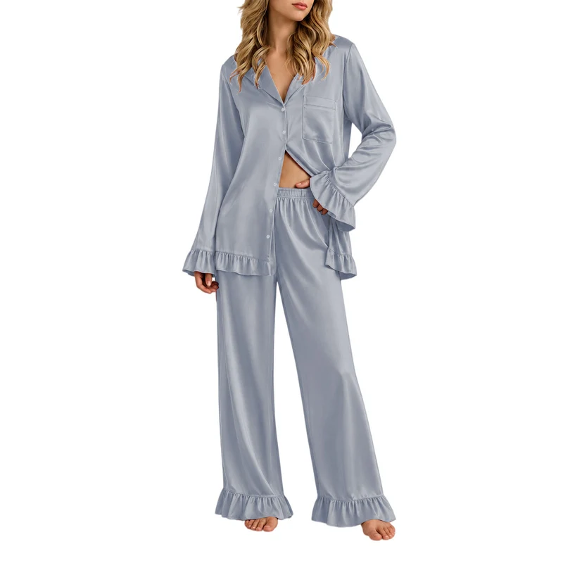 Damen Satin-Pyjama-Set mit Knopfhemd, weiten Palazzo-Hosen und Rüschensaum Nord Taschen