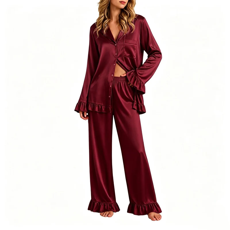 Damen Satin-Pyjama-Set mit Knopfhemd, weiten Palazzo-Hosen und Rüschensaum Nord Taschen