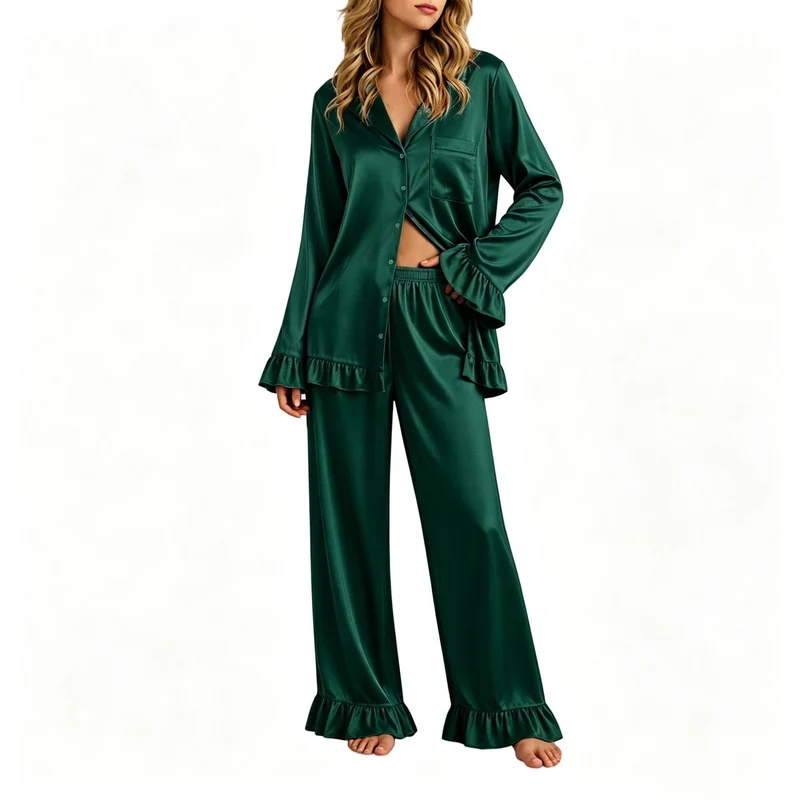 Damen Satin-Pyjama-Set mit Knopfhemd, weiten Palazzo-Hosen und Rüschensaum Nord Taschen