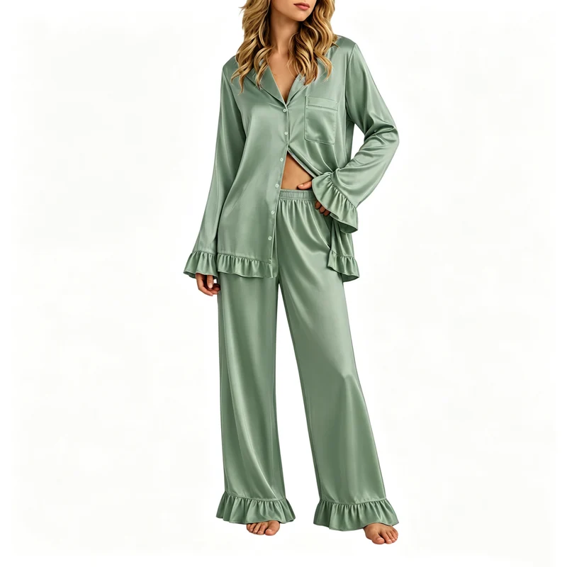 Damen Satin-Pyjama-Set mit Knopfhemd, weiten Palazzo-Hosen und Rüschensaum Nord Taschen