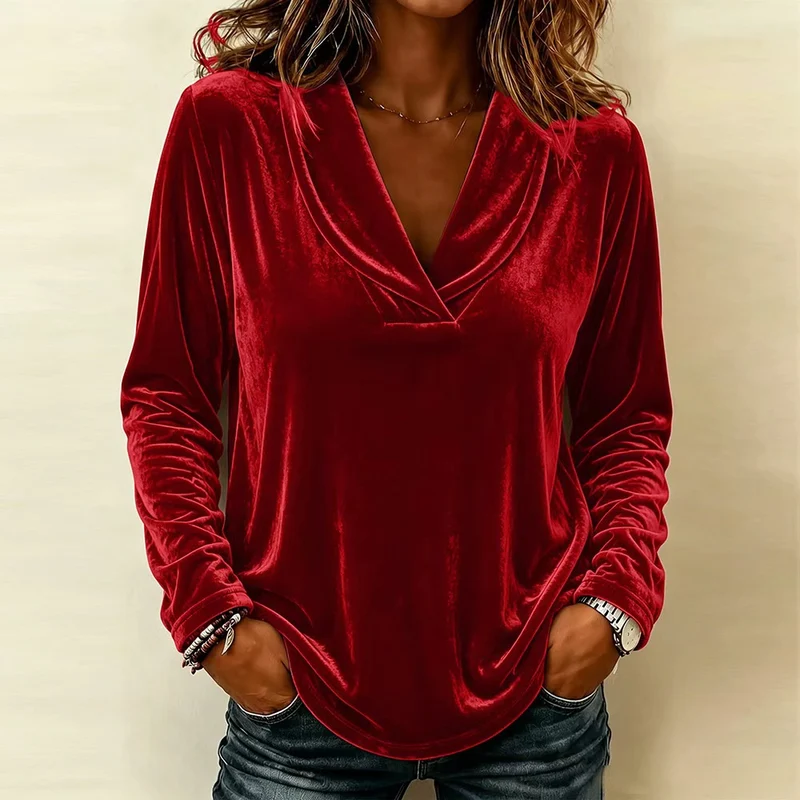 Damen Samtshirt mit Schalkragen und lässiger Longsleeve-Silhouette Nord Taschen