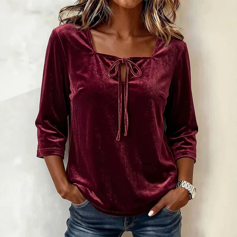 Damen Samtshirt mit Quadrat-Ausschnitt und Zierschleife Nord Taschen