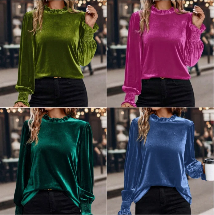 Damen Samtbluse mit Rüschenkragen und Smokbündchen Nord Taschen
