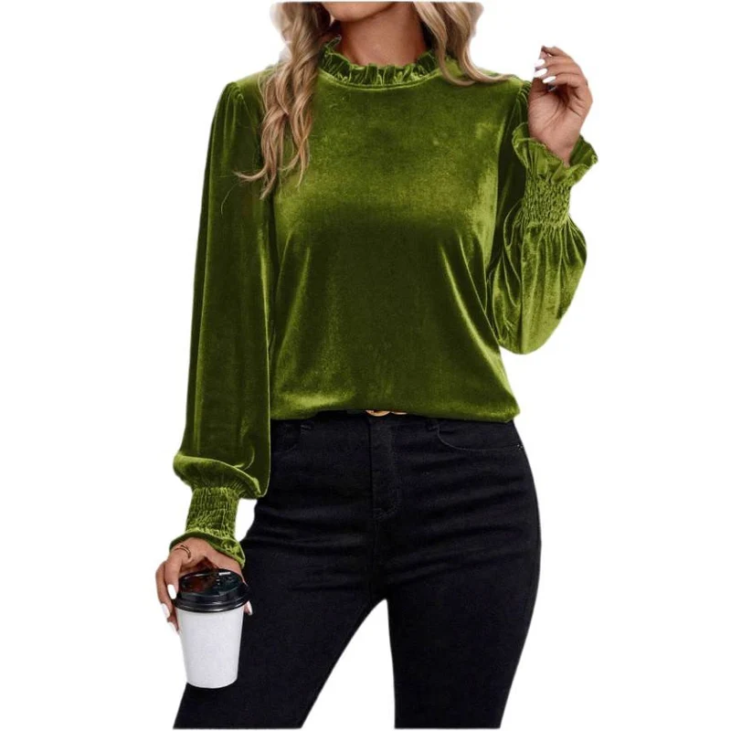 Damen Samtbluse mit Rüschenkragen und Smokbündchen Nord Taschen
