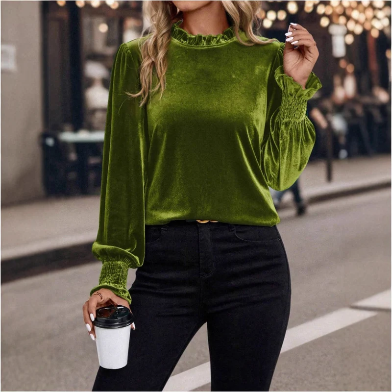 Damen Samtbluse mit Rüschenkragen und Smokbündchen Nord Taschen