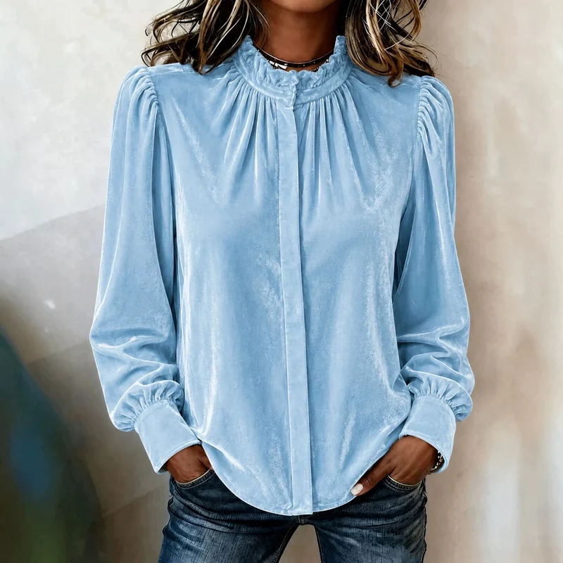 Damen Samtbluse mit Rüschen-Stehkragen, verdeckter Knopfleiste und gerafften Ballonärmeln Nord Taschen