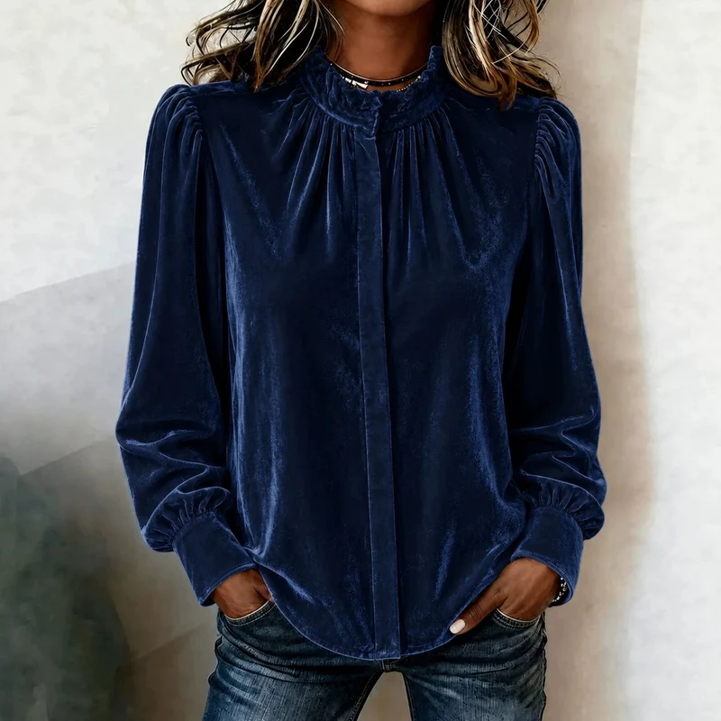 Damen Samtbluse mit Rüschen-Stehkragen, verdeckter Knopfleiste und gerafften Ballonärmeln Nord Taschen