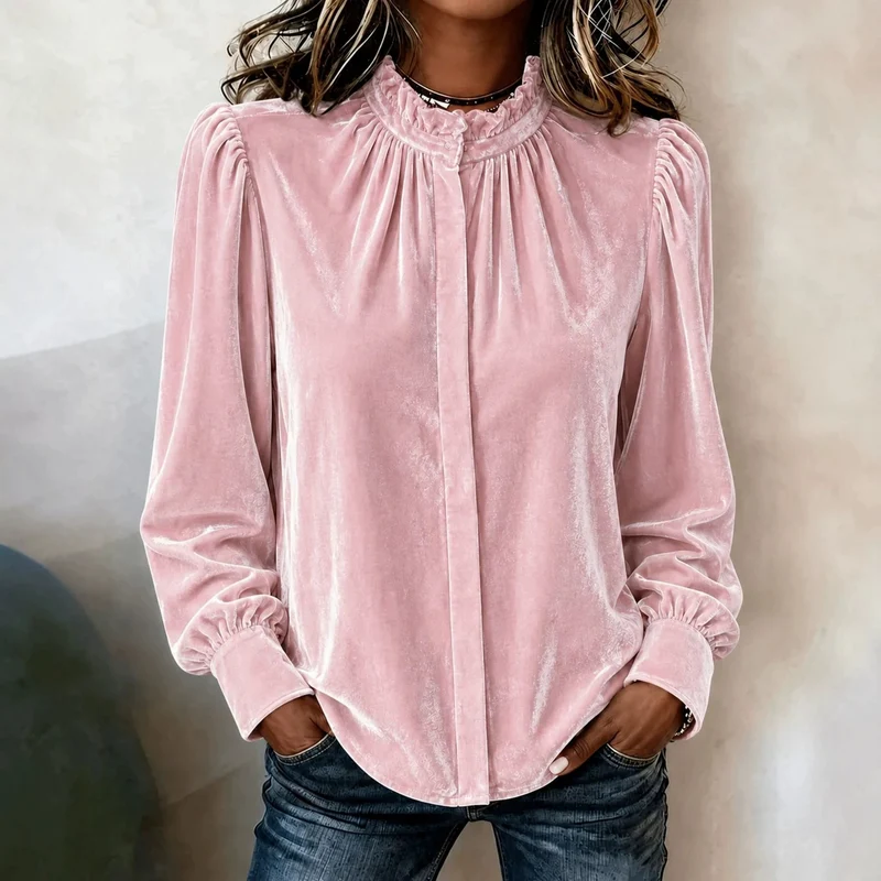 Damen Samtbluse mit Rüschen-Stehkragen, verdeckter Knopfleiste und gerafften Ballonärmeln Nord Taschen
