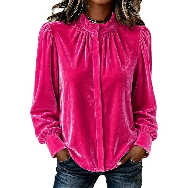 Damen Samtbluse mit Rüschen-Stehkragen, verdeckter Knopfleiste und gerafften Ballonärmeln Nord Taschen